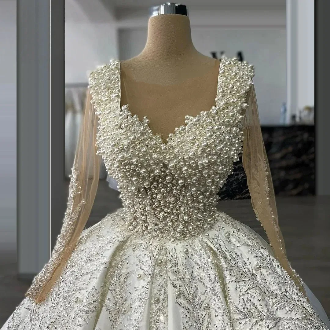 New Princess Wedding Dresses Illusion Full Sleeve Ball Gown Pearls Beaded Applique Vestidos De Novia Amanda Novias Officia Custo