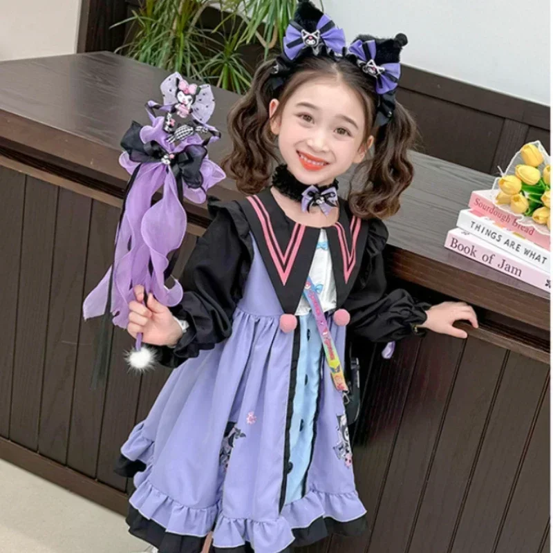 SANRIO Kuromi ชุดเดรสเจ้าหญิงสีม่วงแขนพัฟ, ชุดของขวัญวันฮาโลวีนชุดของขวัญสำหรับเด็กชุดไปงานเต้นรำวันเกิด