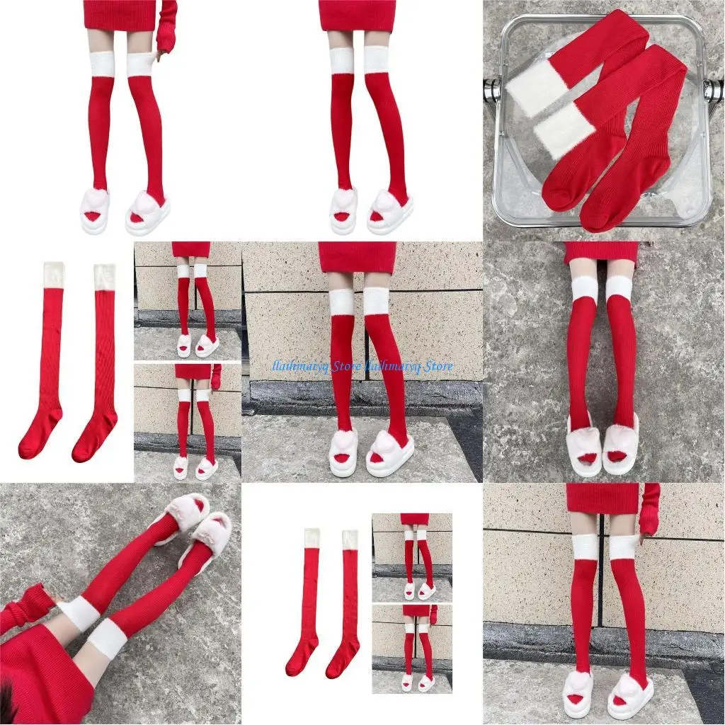 

573B Festival Christmas Thigh High Stockings with Furry Plush Top Cuffs for Women Holiday Cosplay Over the Knee Long Socks