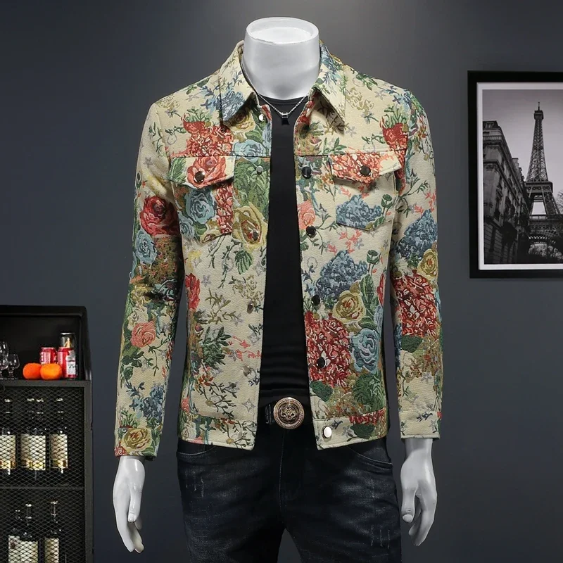 Plus Size 5XL-M Fashion Floral Jacquard Men's Jackets 2024 New High Quality Single Breasted Autumn Winter Male Lapel Outerwear