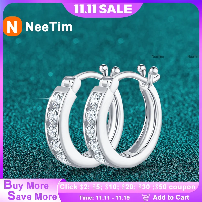 

NeeTim All D Color Moissanite Hoop Earrings For Women Wedding Bridal S925 Sterling Silver Stud Earring Anniversary Party Gift