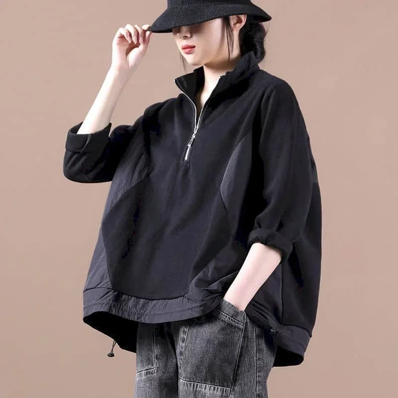 

Pop Solid Hoodies For Women Autumn Harajuku Vintage Oversized T-shirts Casual Korean Style Long Sleeve Stand Collar Women Clothe