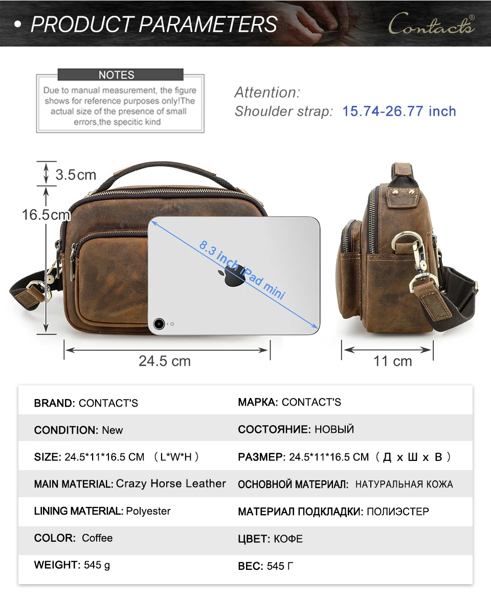 CONTACT'S Sling-Umhängetaschen aus echtem Leder für Herren, Vintage-Umhängetasche, Umhängetasche für Herren, Reisetasche für 8,3 Zoll iPad Mini – Detail 4