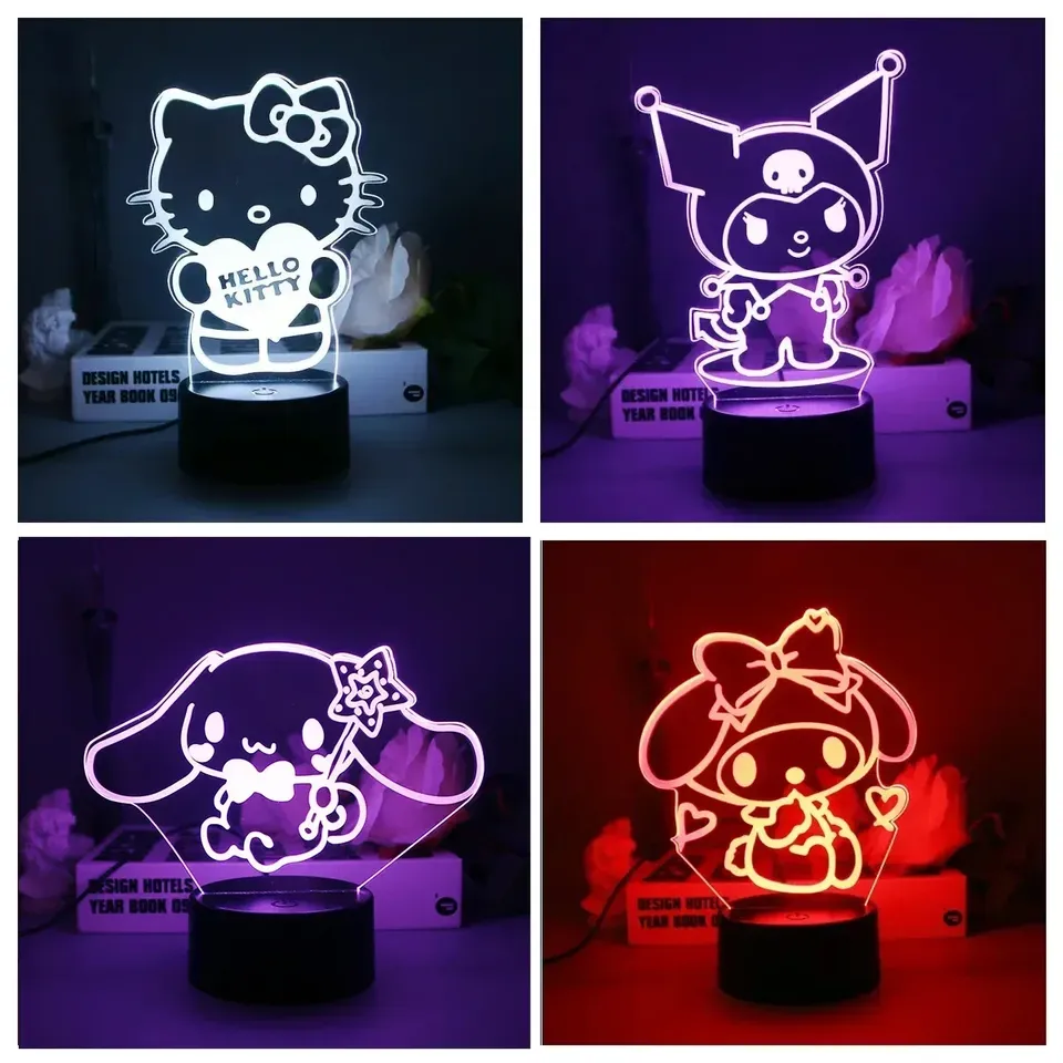  Kawaii Sanrio 3D LED Night Light Cartoon Cinnamoroll Kuromi Anime Figure Toys Table Lamp Hello Kitty Room Decor Birthday Gifts 