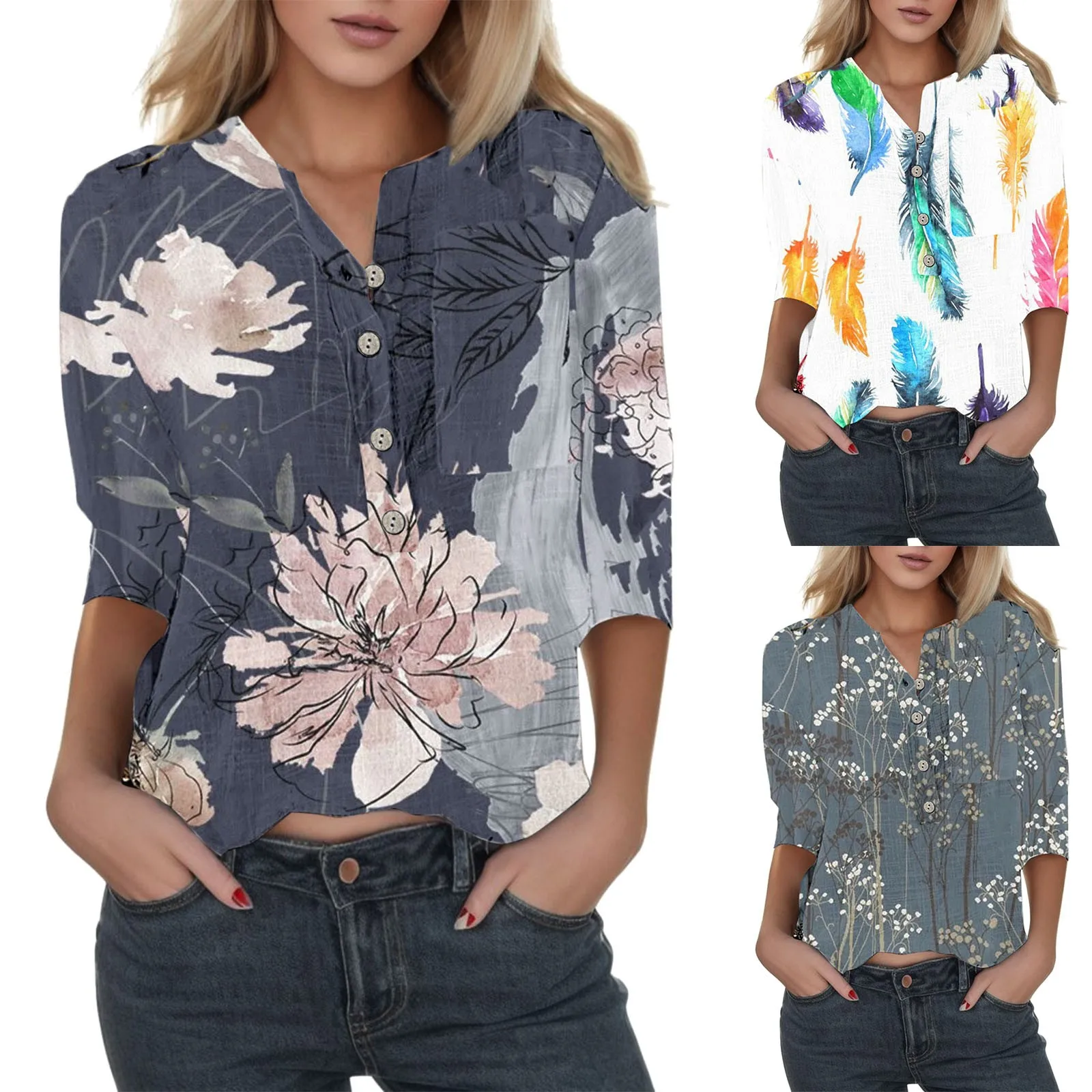 

Women Casual 3/4 Sleeve Blouse Floral Printing Button Shirt Holiday Party Tunic Tops Blouses Casual Harajuku Ladies Top Blusas