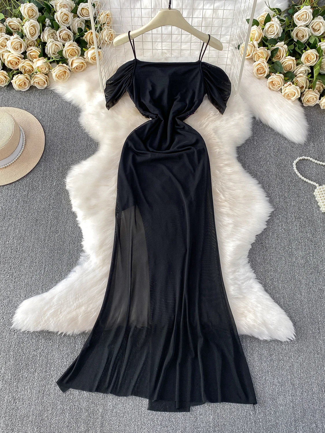 Vestido feminino de lantejoulas com alça espaguete, cintura recortada, camada de chiffon, malha, vestido de noite, sexy, slimfit, halter, costas nuas, linha a