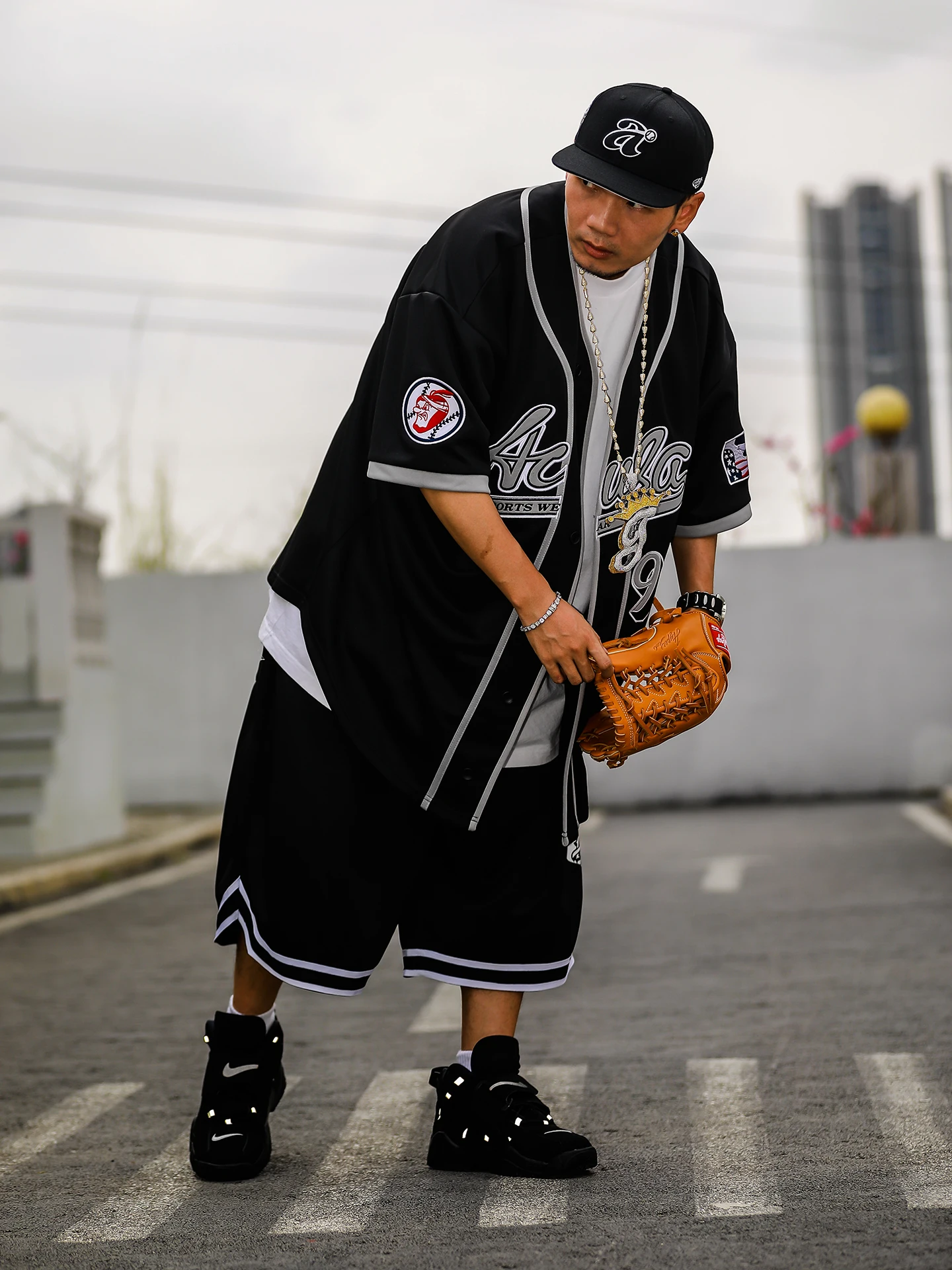 Acusa American Street Sport  Man Series Heavy Stitching Retro Short Sleeve Loose Baseball Shirt Jacket for Men Breathabl...