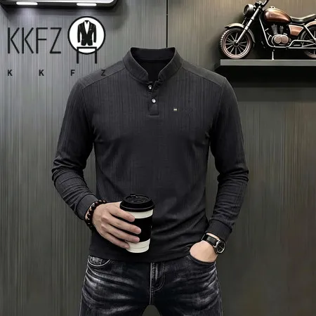 Breathable Vertical Texture Henley Pullover Men Long Sleeve Mandarin Collar Two Button Front Versatile Everyday Garment