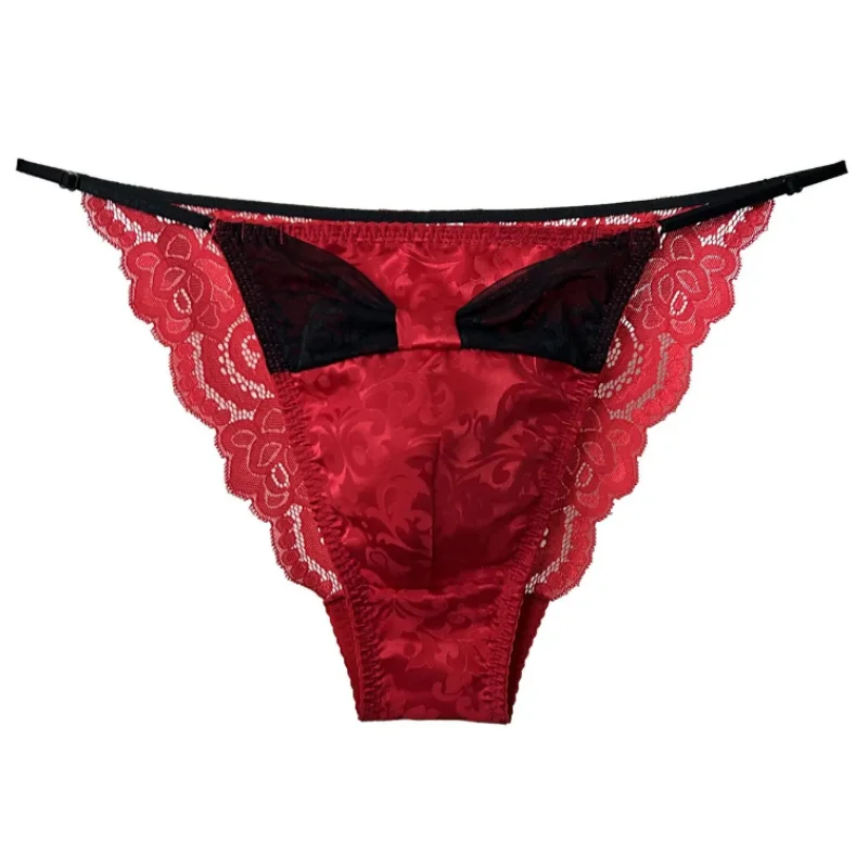 Man's Bowtie Red Silk Brief Panties Lace Design Sissy Low Waist BF Gifts FKK Party Live Show Dance Costumes Harajuku Thai