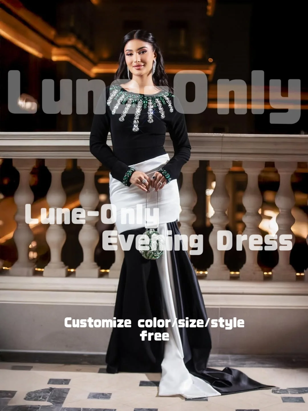 カスタマイズされた黒白長袖高級イブニングドレスグリーンシルバークリスタルエレガントなパーティードレスマーメイドフォーマルドレス