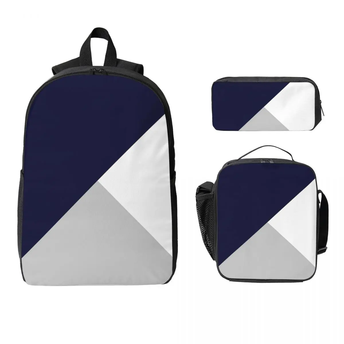 Tricolor Navy Blue Silver Gray And White Backpack Boy Girls BookBag School Bag Shoulder Bags 3ps Insulated Lunch Bag Pencil Case