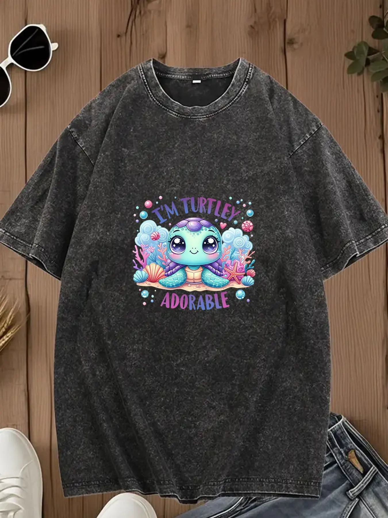 Cute Turtle Pattern Washed T-Shirt 230g Soft Washed Fabric Ideal for Family Outings, Office Wear, and Holiday Gifts Ideal Choice for Spring and Summer Wear Casual and Comfortable Trendy Summer Washed T-Shirt Unique Design for Men