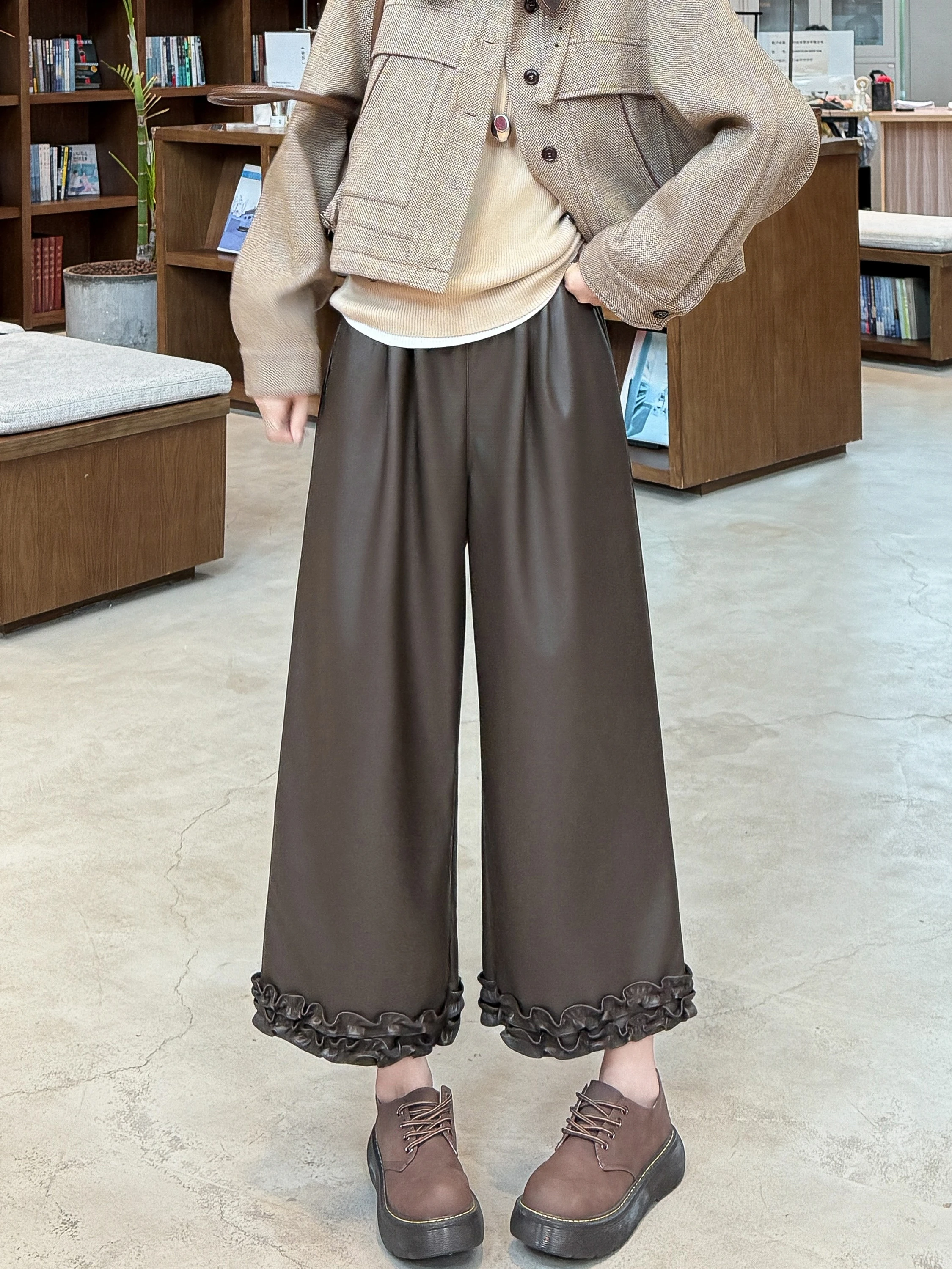 بنطلون واسع الساق من الجلد الصناعي بلون الكراميل للنساء، خصر عالي وتصميم فضفاض، جديد لخريف وشتاء، مقاس صغير، أسلوب كوري أنيق للتنقل اليومي