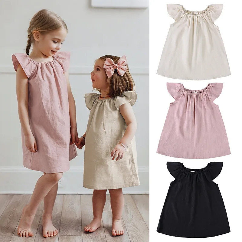 

Summer Toddler Baby Girls Dress Linen Simple Girl Home Dress Solid Children Little Fly Sleeve Dresses Casual Kids Loose Clothing