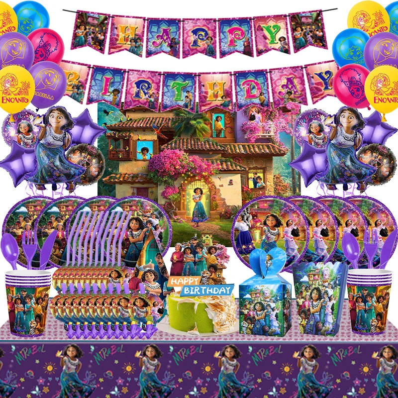 Disney Encanto Birthday Party Decoration Purple Tableware Supplies Paper Plates Napkins Cups Disney Charm Balloons Baby Shower