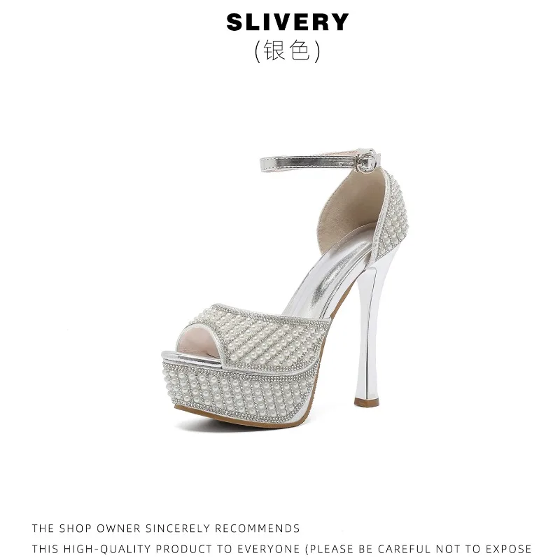 New Women's Fashion Super High Heel Waterproof Table Stiletto Sandals Rhinestones Sexy Versatile High Heel Sandals Size 35-41