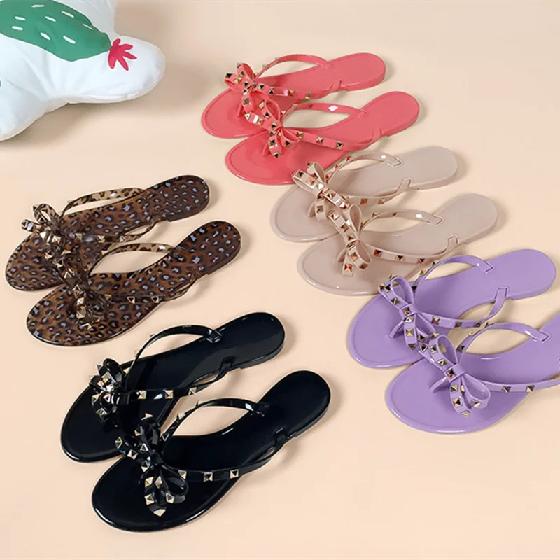 Women Bow-Knot Slippers Flat Shoes Lock Studded Rivets Purple Watermelon Red Outdoor Pvc Plastic Slides 36-42 26cm Cheap Pricing