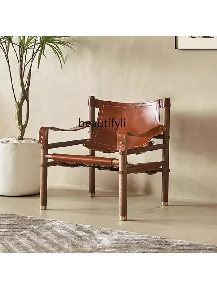 Retro First Layer Cowhide Chair Designer Italian Solid Wood Single Leisure Couch Hot Air Chair chairs living room