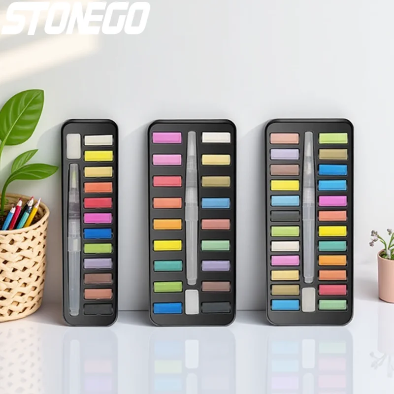 12/18/24 لونًا صندوق معدني محمول للطلاء بالألوان المائية مع فرشاة ألوان مائية مستلزمات فنية احترافية للأطفال في المدارس