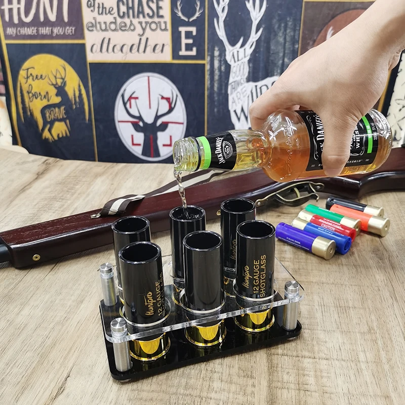 Hunting Shooting Outdoor Gift 12 Gauge Shotgun Shell Shot Glasses with Acrylic Cup Holder Tray Bullet Shape Cup Rifle Tactical