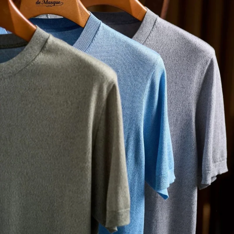 Italian vintage style men's spring and summer classic Lyocell men's round neck knitted short sleeved T-shirt base shirt