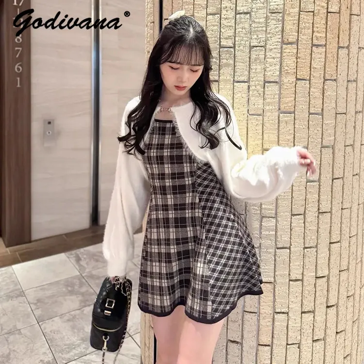 

Japanese Style Sweet Slim Plaid Strap Dress + Short Feather Tulle Long Sleeve Knitted Shawl New Autumn Winter Women's Dress Set