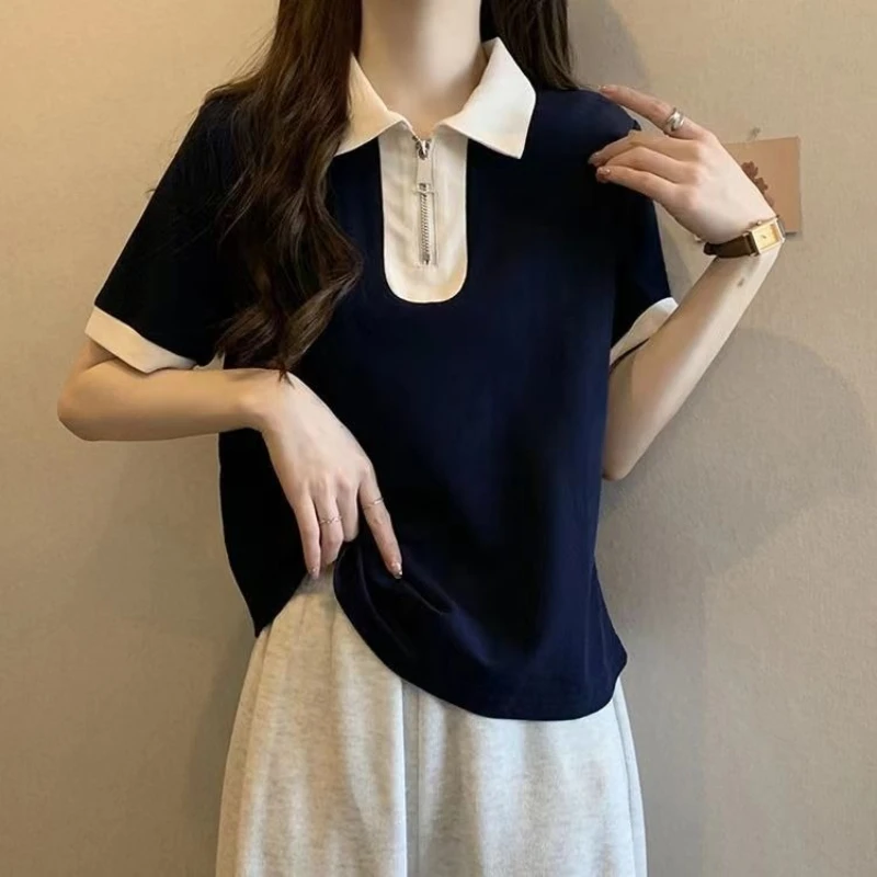 

Женская летняя футболка Slim Fit с коротким рукавом, воротником поло и молнией, укороченная, с оригинальным дизайном
