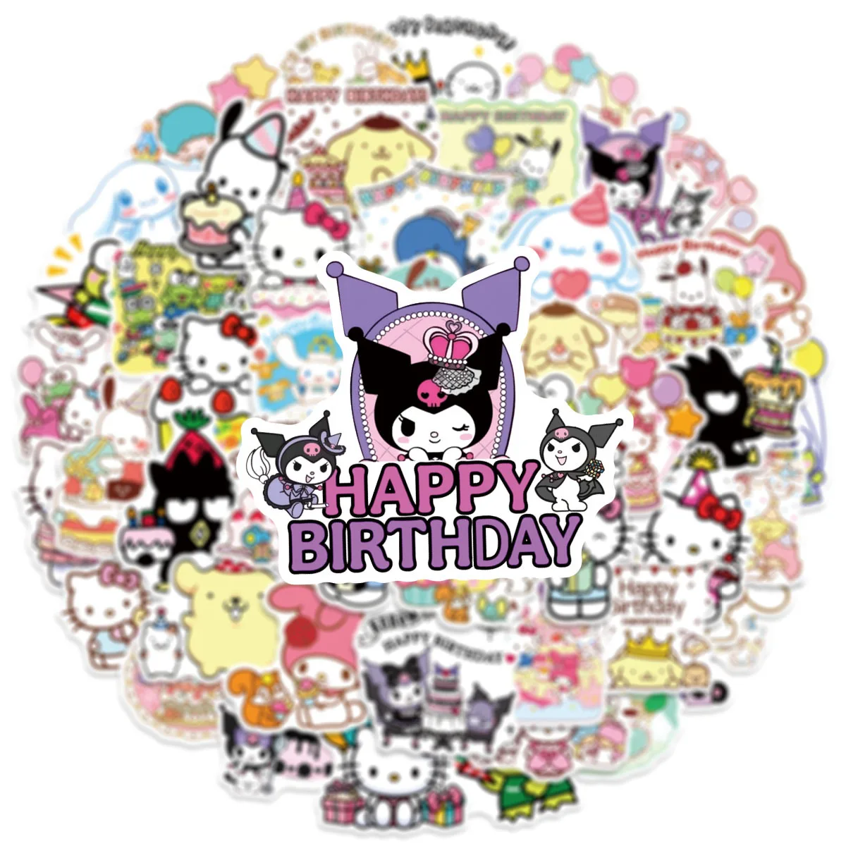10/30/50 pçs sanrio feliz aniversário engraçado bonito olá kitty kuromi graffiti adesivos decorativos copo de água scrapbook mala decalque