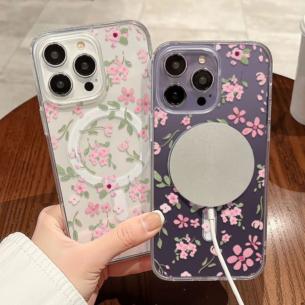 Pink Flower Phone Case For iPhone 17 Pro Max Case iPhone 16 13 15 11 12 14 Pro Max 17 Air For Magsafe Magnetic Clear Cover Funda