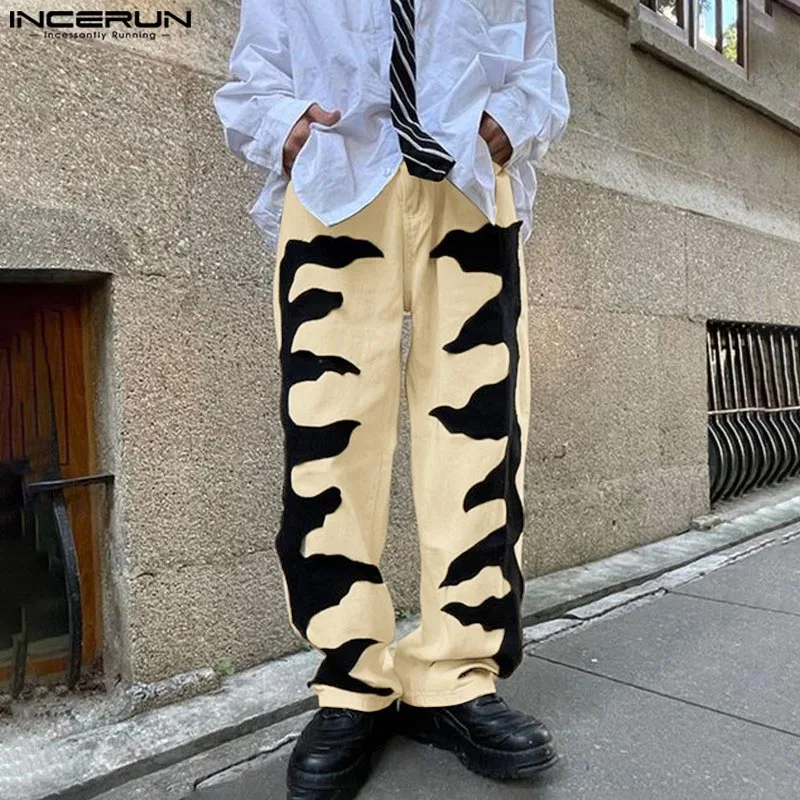 INCERUN American Style Trousers Fashion Men's Deconstruction Burn-out Sticker Fabric Pants Casual Streetwear Hot Sale Pantalons