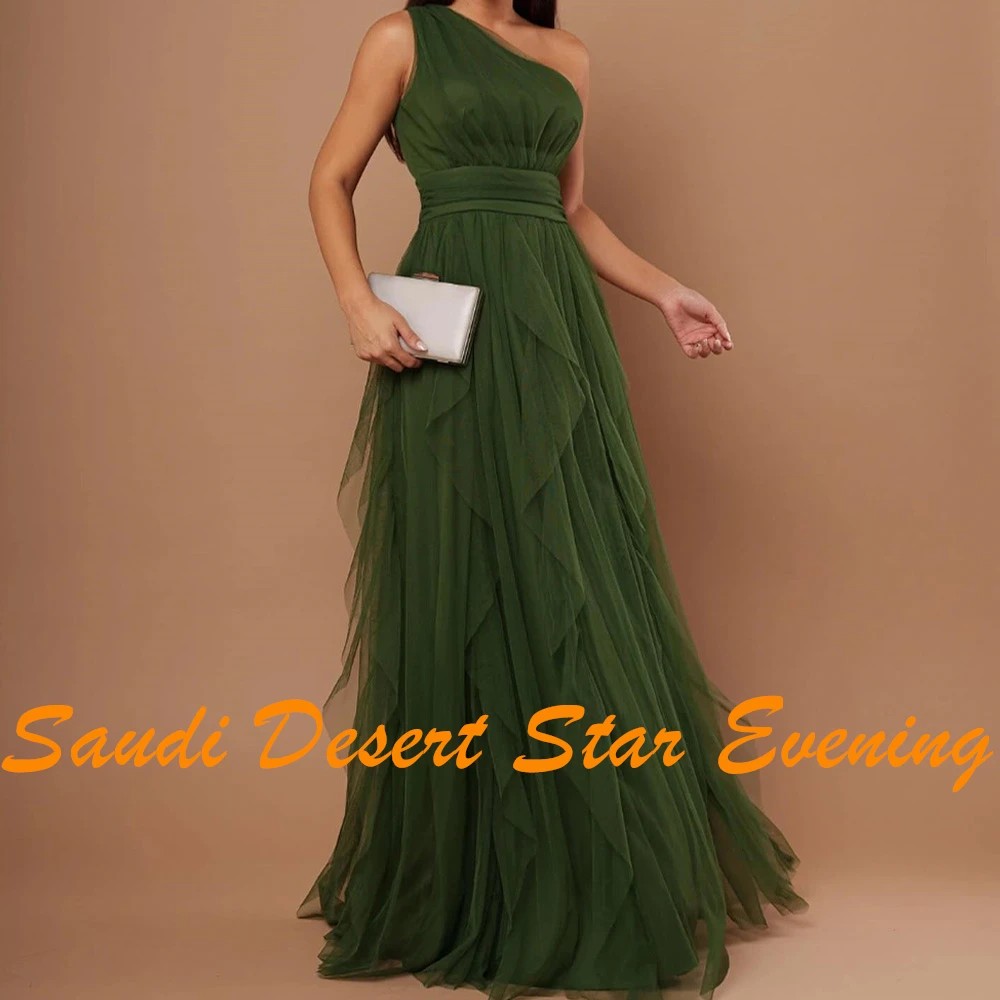 A-Line One Shoulder Organza Sleeveless Green Classic and Temperament Evening Dresses Pleats Tiered Custom Size Saudi Arabia 2024