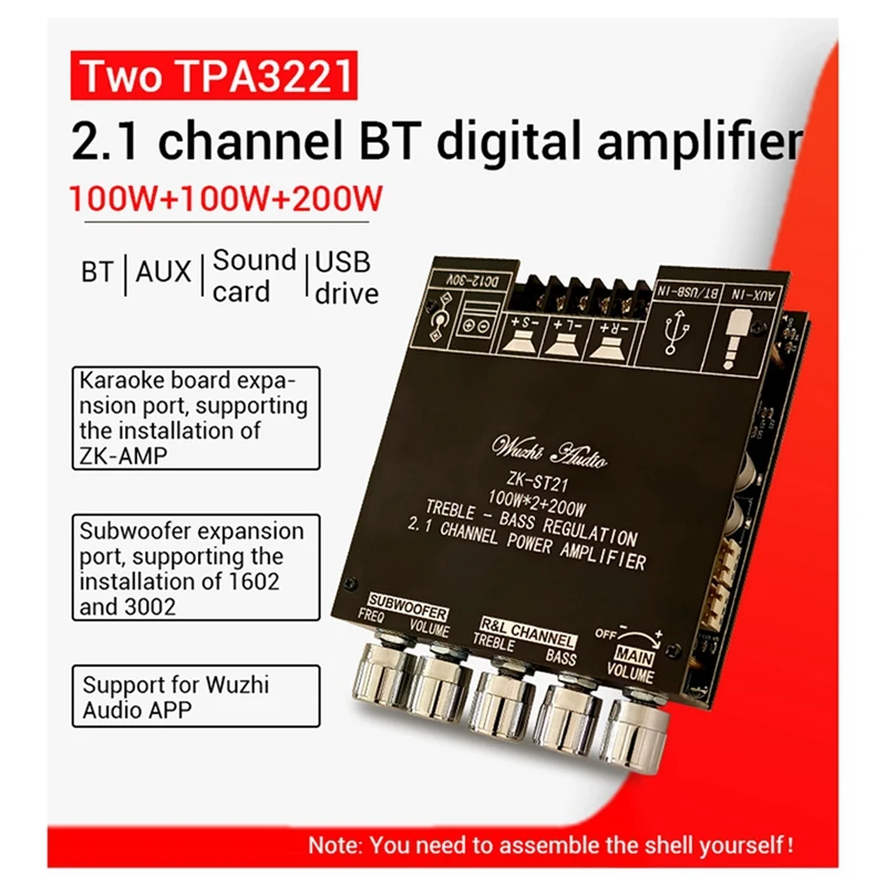 ZK-ST21 Bluetooth Digital Amplifier Board Hifi Stereo Amplifier Board 2.1 Channel 100Wx2+200W Subwoofer Chip TPA3221 (C)