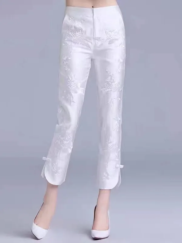 Nuovi Pantaloni Casual Cinesi con Ricamo Sle, Pantaloni Harem a Vita Alta e Gamba Dritta per Donna, Bianchi Snellenti Estivi alla Moda