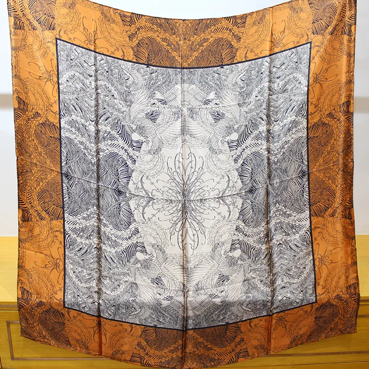 BirdTree 100%Real Silk Elegant Scarf, Women Printing Scarves, 2024 Spring Mom Gift Versatile Kerchief, Orange Yellow A41510QC