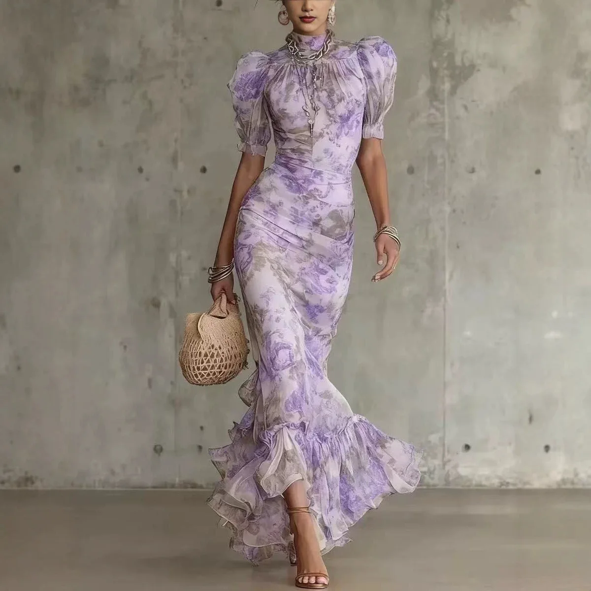 Europäisches und amerikanisches grenzübergreifendes Vintage-Kleid aus französischem Chiffon mit hohem Kragen, Puffärmeln, tailliertem Schnitt, schmaler Meerjungfrauenform, elegant, für Damen, Urlaub, langes Kleid. – Detail 3