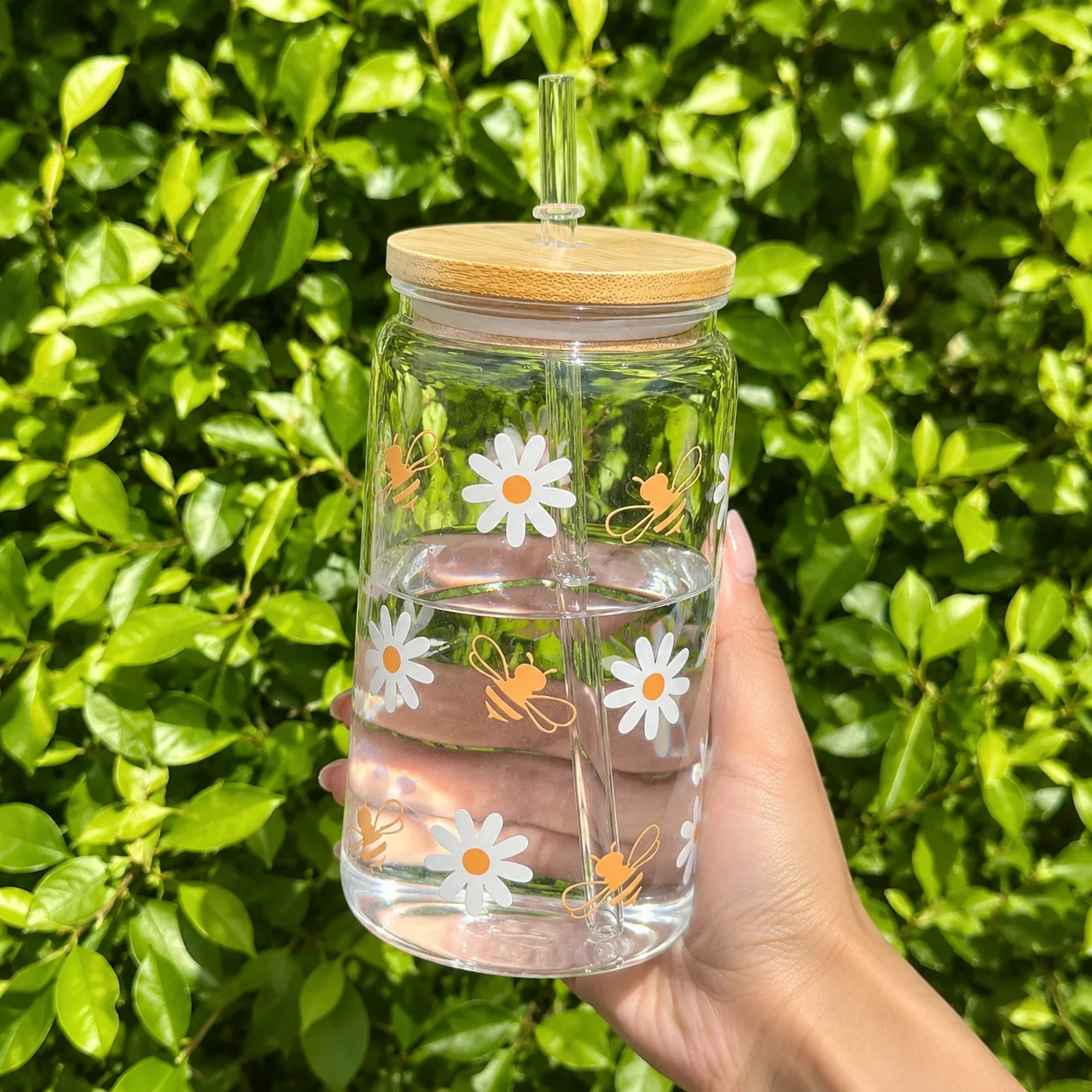 Bee Daisy Plastic Tumbler Cute Plastic Cup with Bamboo Lid Straw Reusable Iced Coffee Cup for Women Home Office Travel Picnic
