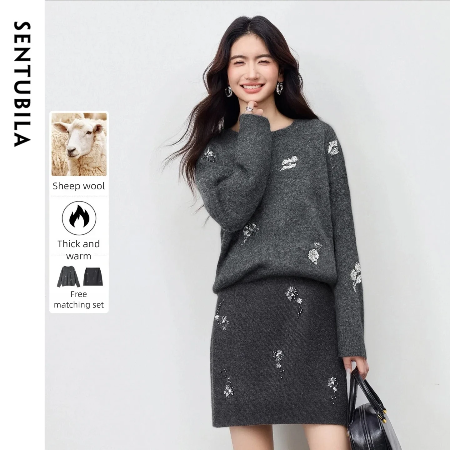

SENTUBILA 2 Piece Skirt Set for Women 2025 Sequin Floral Decor Knit Sweater Wool Blend Mini Skirt Winter Women's Suit 754ZF6192Z