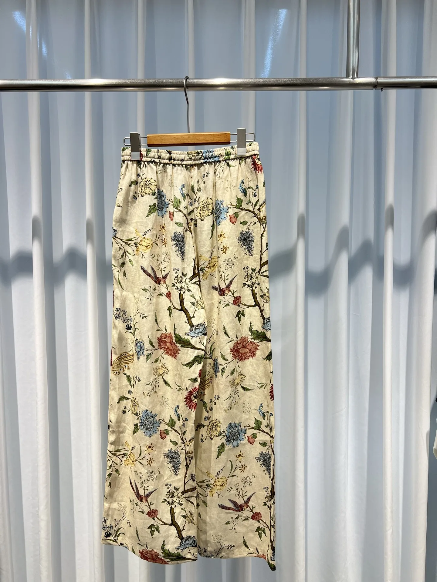 2026 Women Floral Printed Wide Leg Pants 100% Linen Elastic Waist Straight Loose Yellow Long Trousers