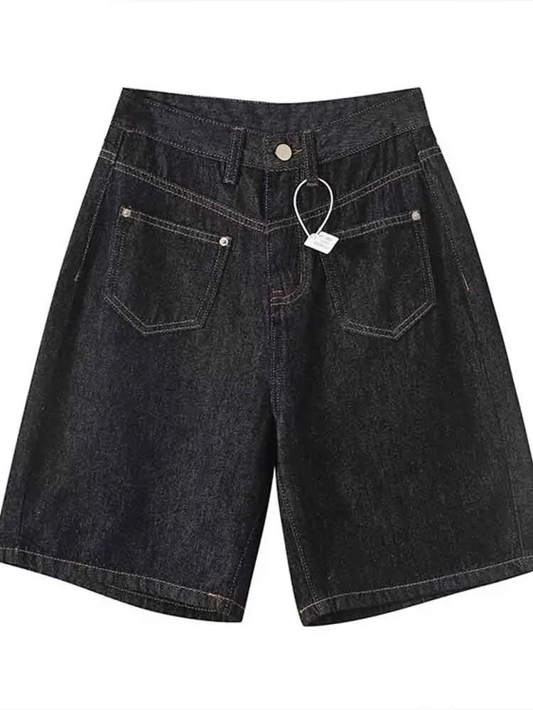 

European style new women's fashion versatile simple solid color high waist V-shaped slim denim shorts