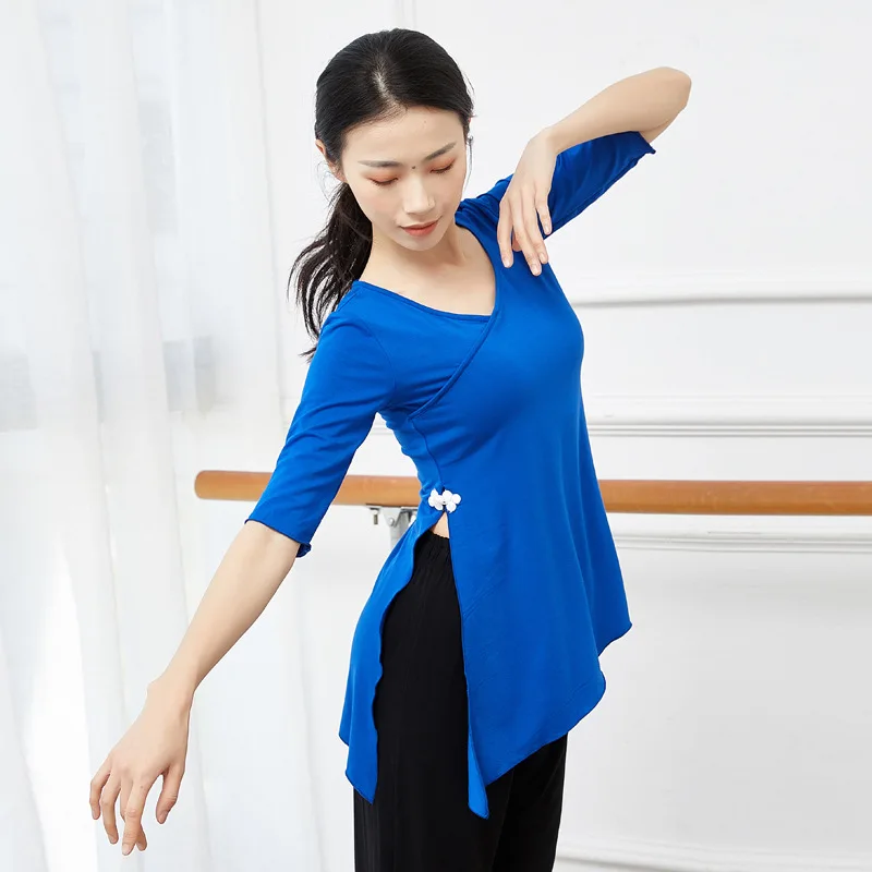 Modern Dance Shirt Comfortable Modal Top Women Classical Dance Middle Sleeve Tee Side Split With Button Slim Plus Size Summer