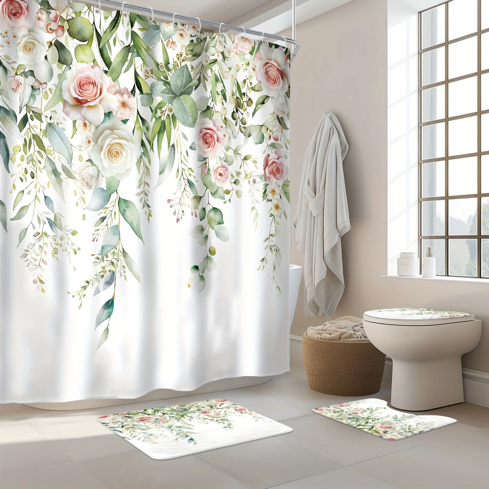 

Набор занавесок для душа из 4 предметов с зеленой эвкалиптовой розой и крючками, нескользящий напольный коврик для ванной комнаты, U-образный коврик для унитаза, коврик для покрытия