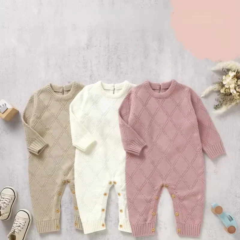 

Весенне-осенний новый однотонный вязаный акриловый комбинезон с длинными рукавами для детей 1-18 месяцев, комбинезон для новорожденных мальчиков и девочек, боди