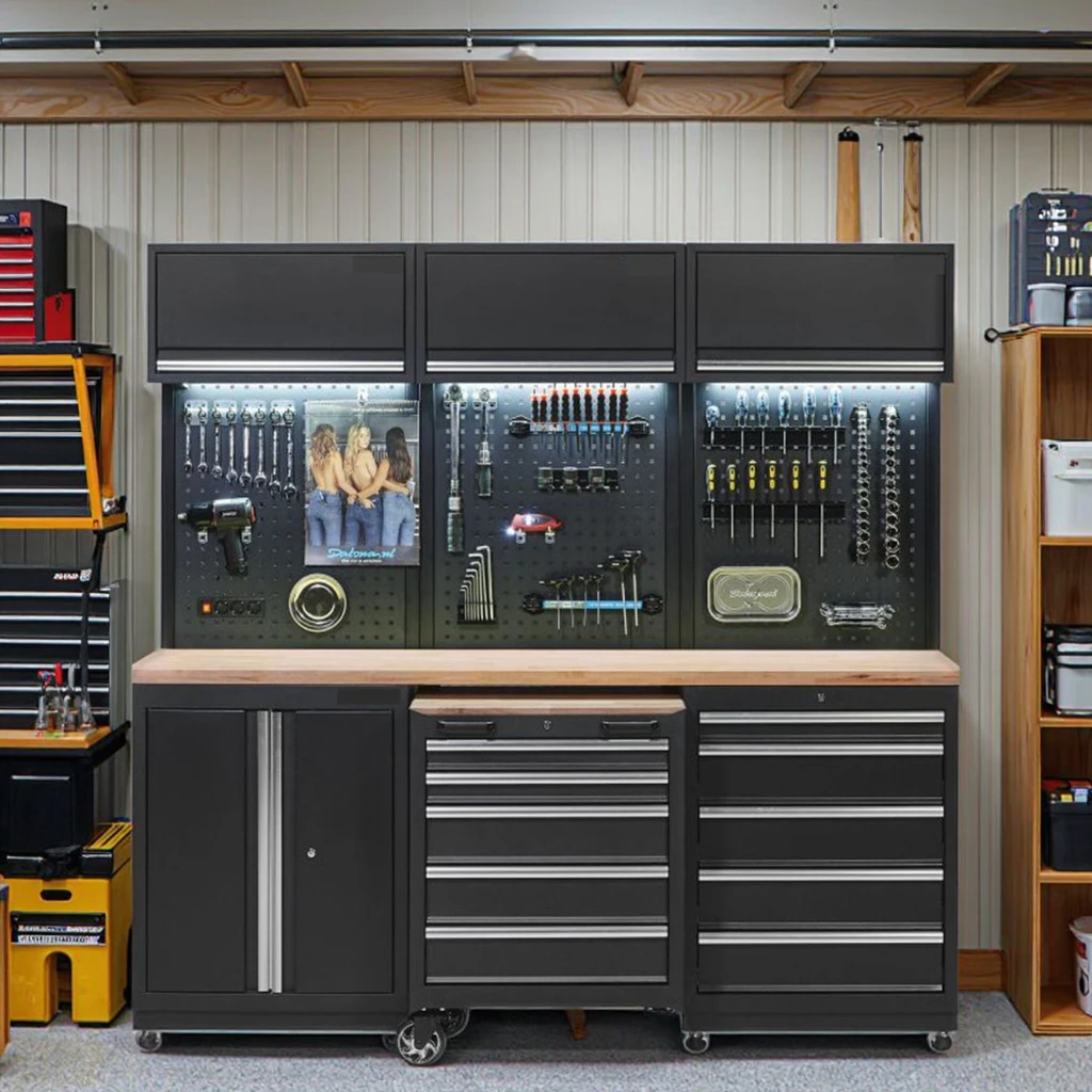 Tool Cabinet With Integrated Stainless Steel Worktop & Side Hooks, Equipped With Anti-Rust Coating