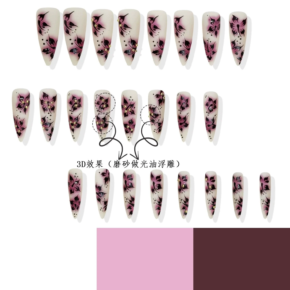 24 stuks donkere bloemen nepnagels druk op acrylnagels draagbaar mode lange stiletto matte kunstnagels 3D gouden kraal decor amandel