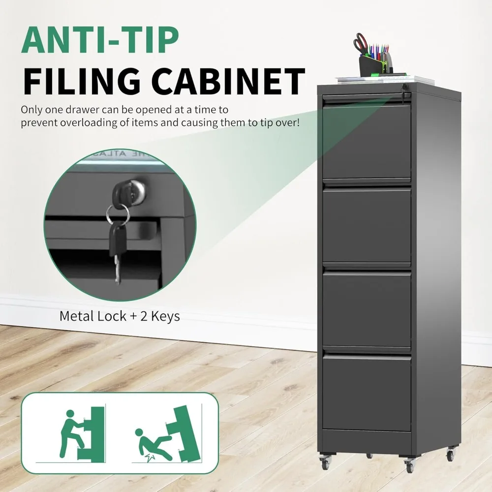 خزانة ملفات معدنية للمكتب المنزلي مع قفل، وحدة تخزين متنقلة بأربعة أدراج لتنظيم ملفات الرسائل/القانونية/A4 تحت المكتب