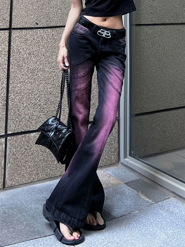 Fashion Purple Gradient Tie Dye Micro Flared Y2K Baggy Jeans Women Streetwear Vintage Wash  High Waist Straight Leg Pants Lady