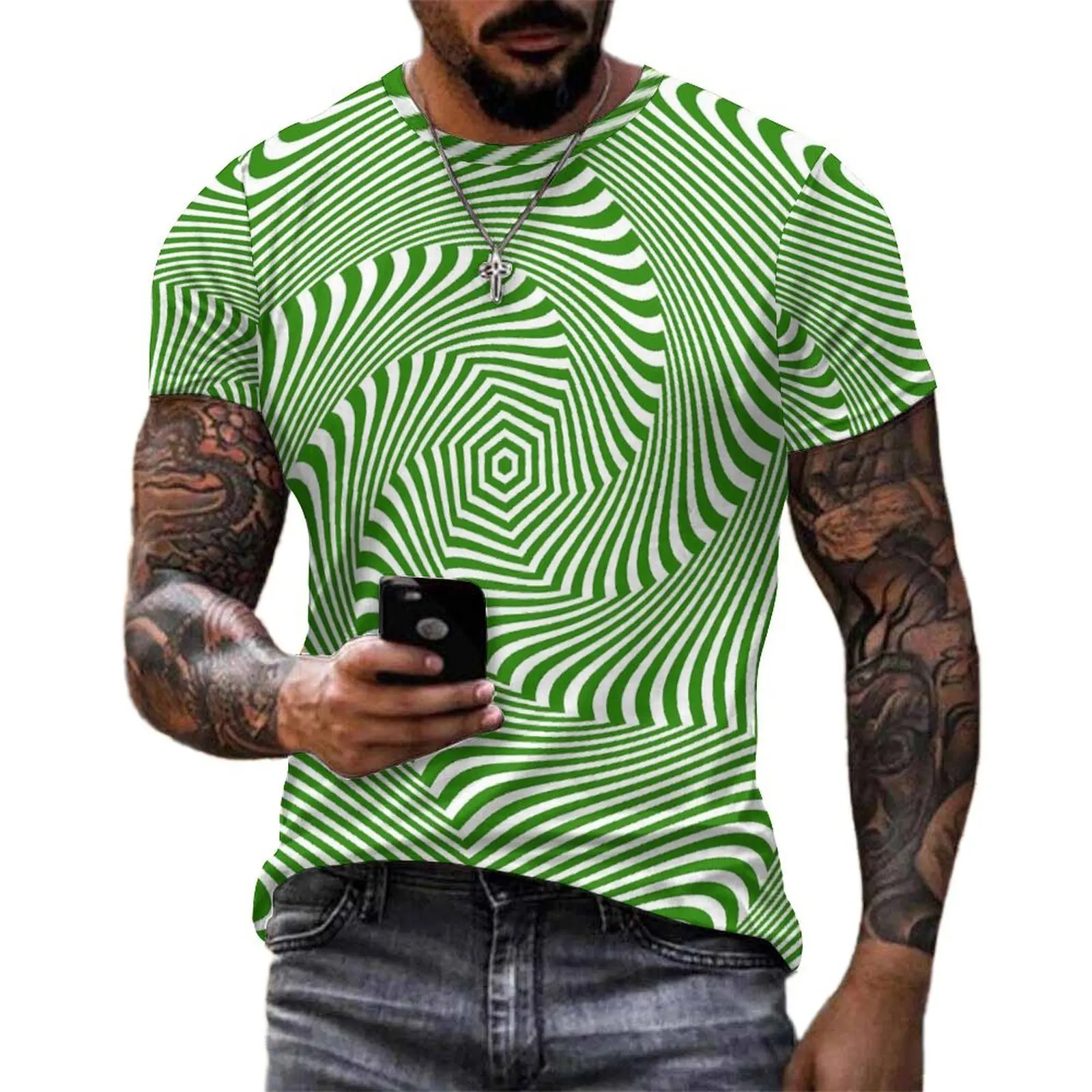 Original T-Shirt Green Curve Print T Shirts Swirl Lines Y2K Casual Retro Tees For Man Short-Sleeved Design Oversized Clothes