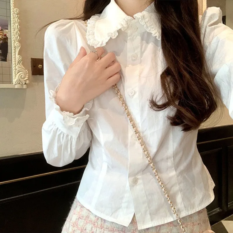 Lace Women Shirt Korean Style Long Sleeve Top Female Autumn Slim Solid Fashion Woman Blouse 2024 Ruffles White Button Clothes