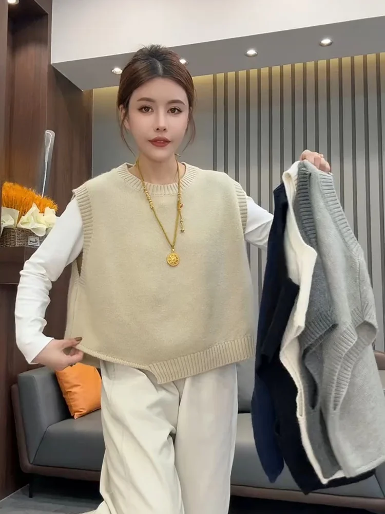 韓国風スリルーズニットスウェットラウンドネックベストレディース春秋ファイオントップカジュアル快適ノンオーマデザイン