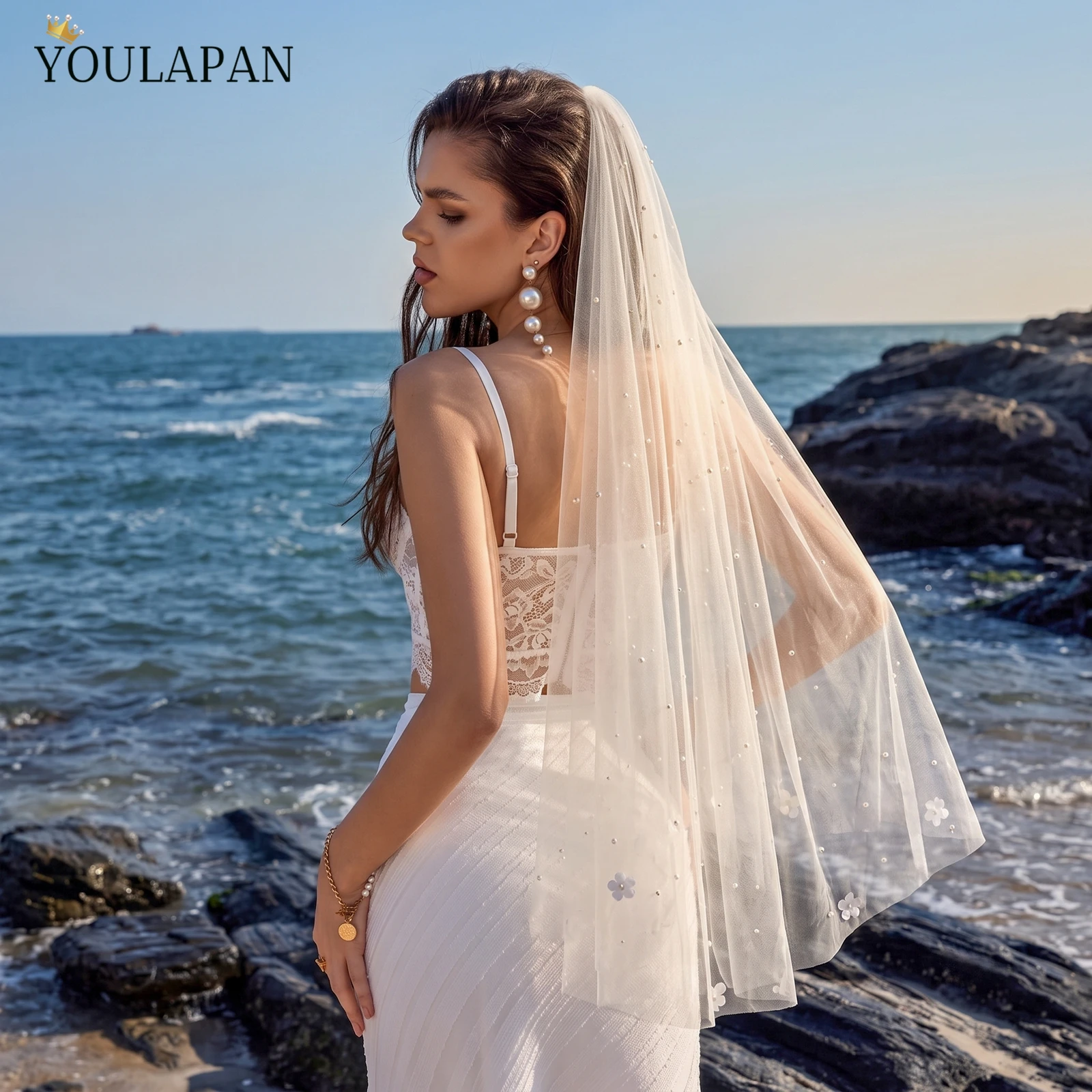 TOPQUEEN 3d Small Flower Wedding Veil Pearl Veil Covering Face Front And Back Wedding Accessories Customizable M69
